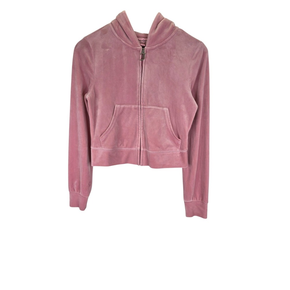 Juicy Couture Zip Up Hoodie Womens Smal Pink Velour Cropped Rhinestone Spell Out